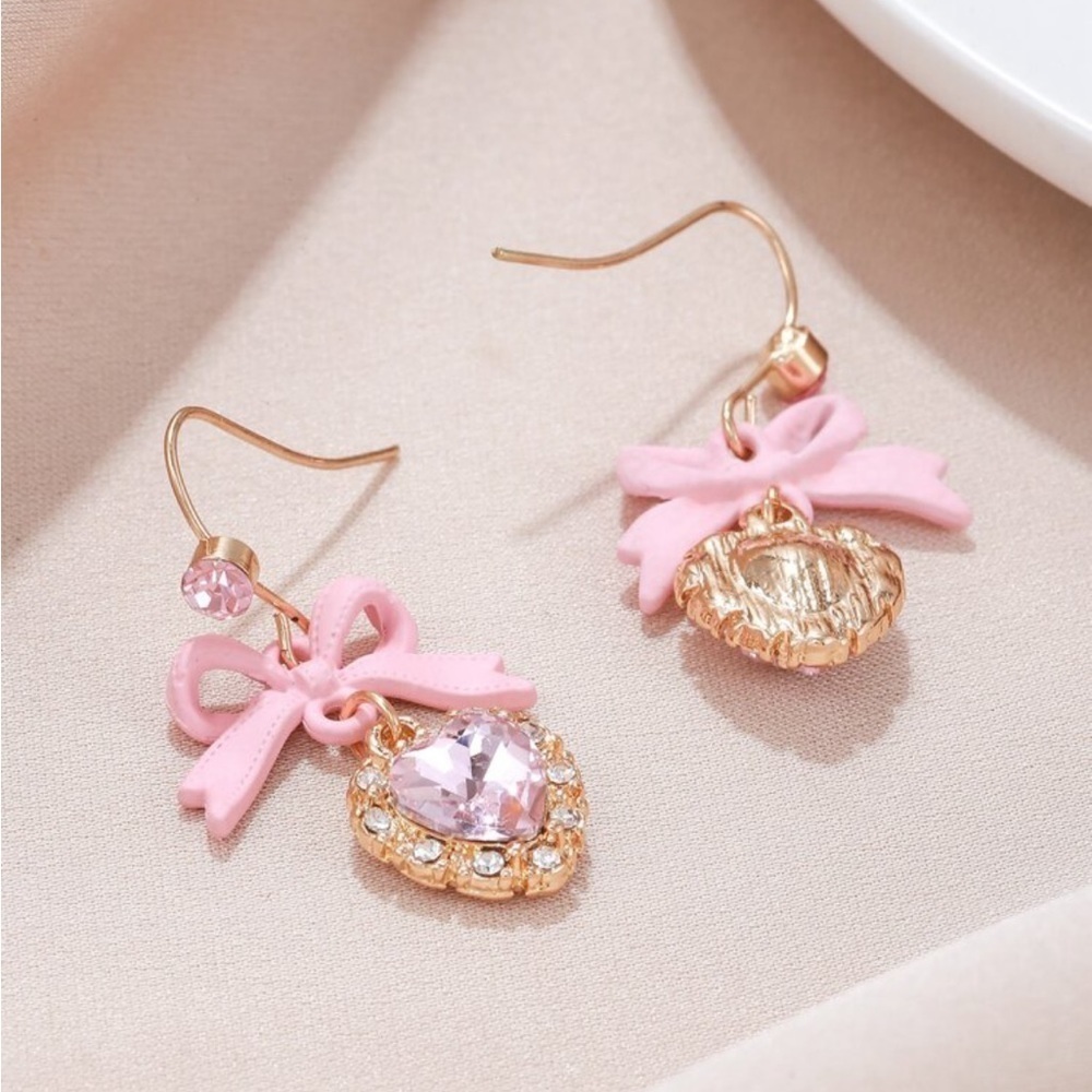 Pink Bow Rhinestone Dangle Earrings - Picture 3 of 4